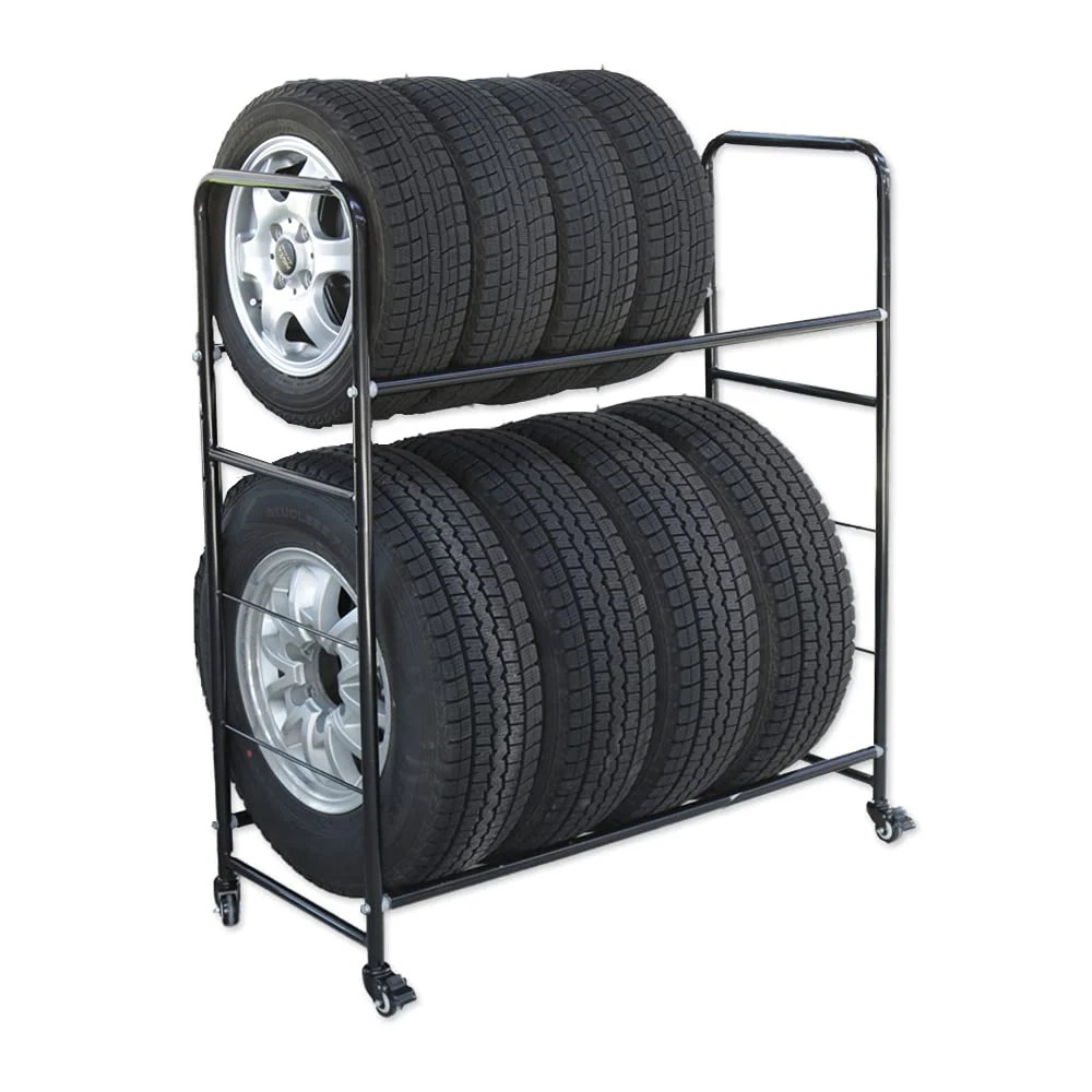 タイヤラック 8本 スチール製 2段式（8本収納） カバー/キャスター付き 幅120×奥行45×高さ122 耐荷重:160kg ブラック suv 軽自動車 屋外 スリム 防水 防錆