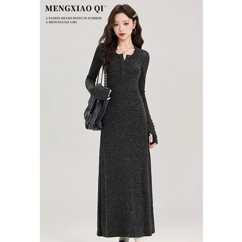 スリムで薄いインナーロングワンピース ドレス ニットワンピース ロングワンピース デザインワンピース レディースファッシ ワンピースレディース フランス気質長袖ニットワンピース ワンピース