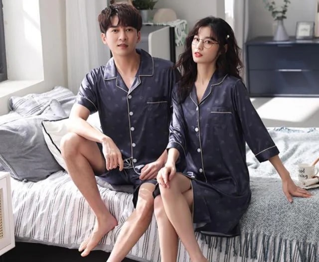 「ペア販売」シルク ペアルックパジャマ 上下セット カップルペアルック パジャマワンピース春秋夏ルームウェア 半袖 ペアルックパジャマお揃い ファッション 涼しい