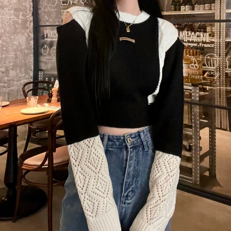 レディース ドッキングニット トップス プルオーバー クルーネック 長袖 ショート丈 配色 異素材