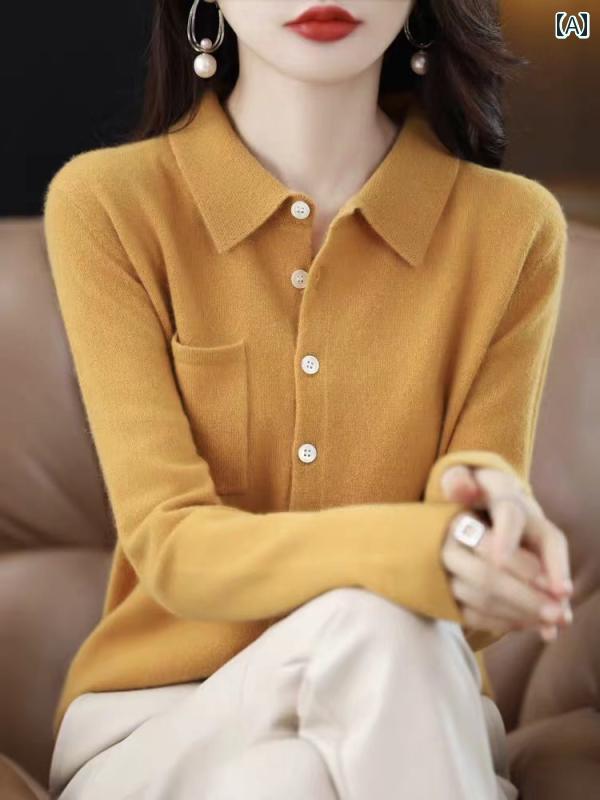 ニット レディース ファッション おしゃれ カーディガン カジュアル ポロシャツ 秋冬 ウール セーター ジャケット レッド ブラック グリーン