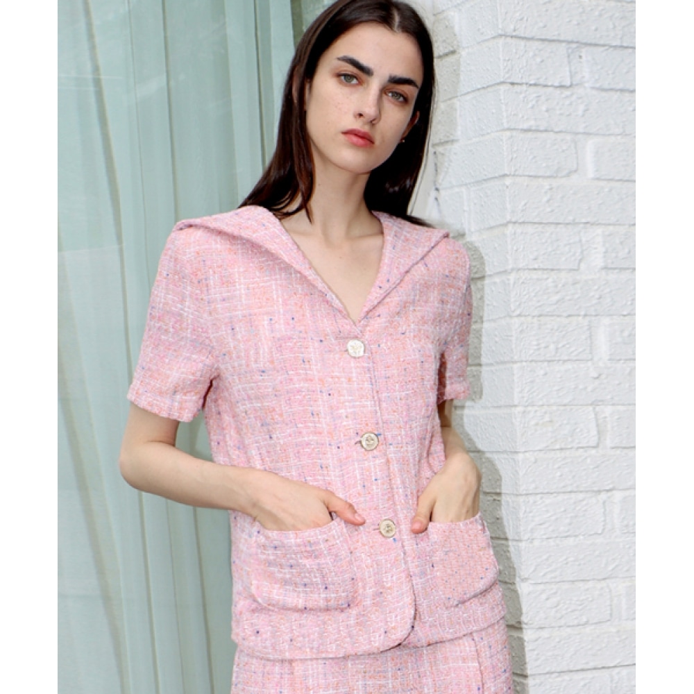 DAMAGE MNEMONICセーラーツイードピンクジャケット_Sailor collar Tweed Pink JK