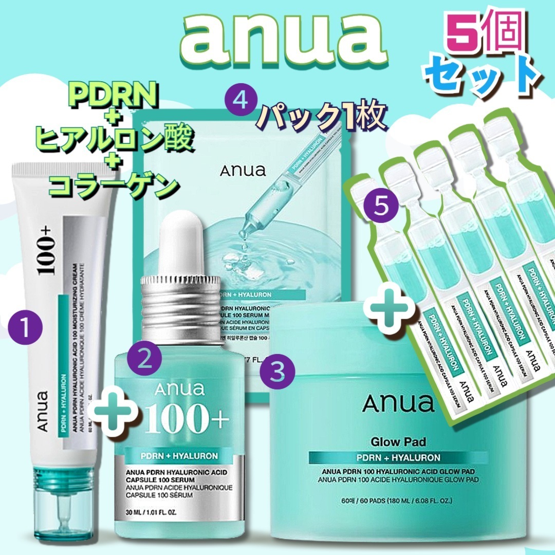 【5個セット】PDRNヒアルロン酸カプセル100 セラム 30ml+PDRNヒアルロン酸100クリーム 60ml+PDRN100ヒアルロン酸グロウパッド60枚+涙セラム 1ml*5+マスクパック1枚