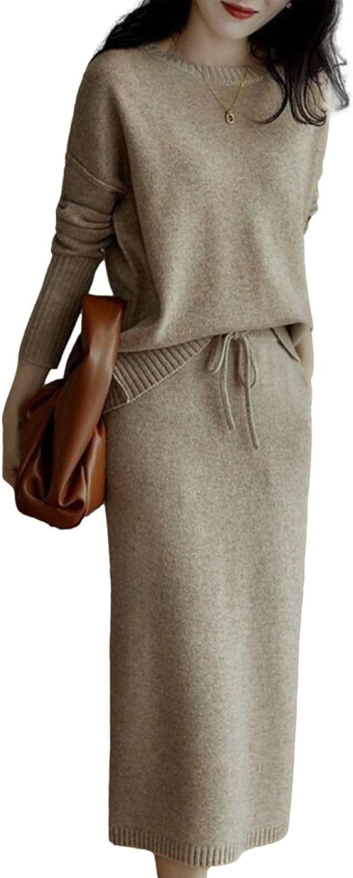 セットアップ レディース ニット プルオーバー スカート 長袖 ラウンドネック ポリエステル素材 BB026-BG-S( ベージュ, S)