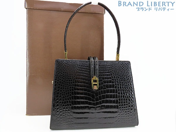 美品モラビトシャイニークロコダイルトップハンドルバッグハンドバッグセミショルダーバッグブラック
