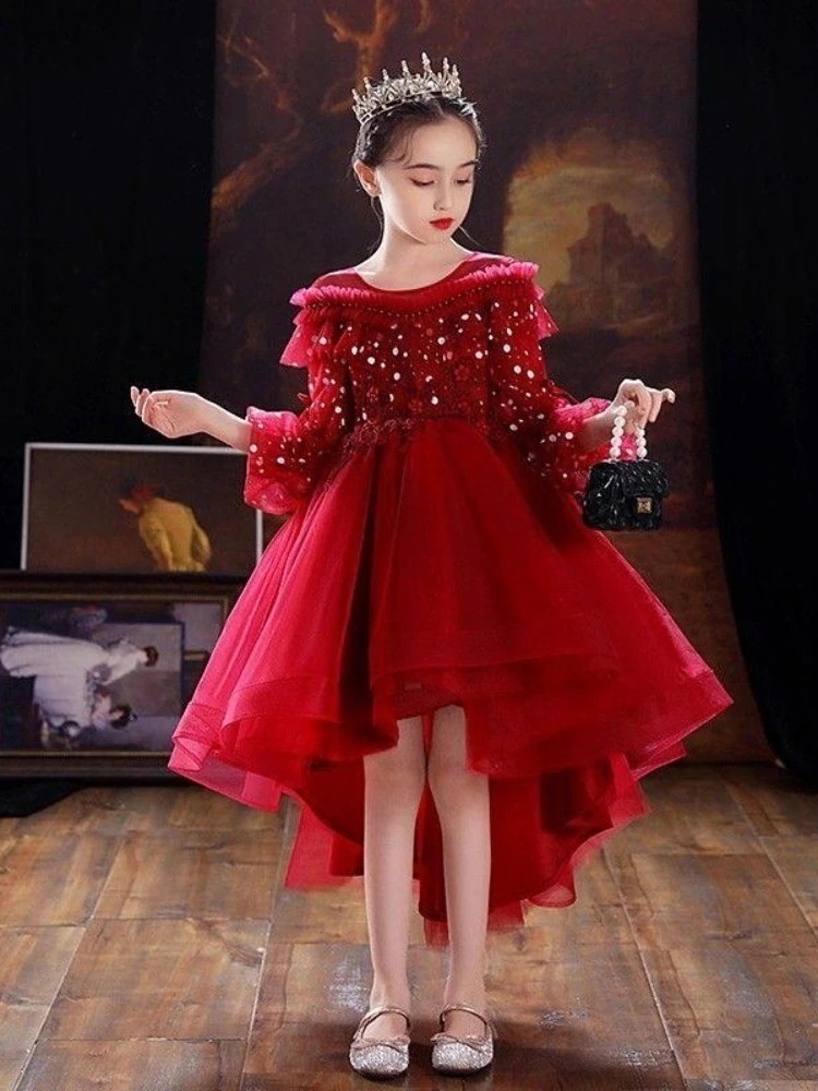 プリンセス ドレス ガール フラワー ウェディング リトルガールホストピアノショートフロント ロング テール 子供