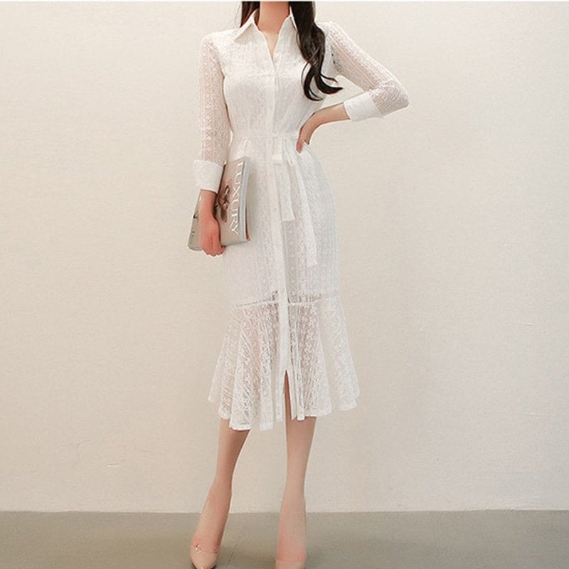 ミモレ丈 レース シャツワンピース フレアワンピース ワンピース ワンピドレス 膝下 ミモレ 袖あり 長袖 襟付き フレア スリム タイト マーメイド レース ウエストマーク ウエストリボン