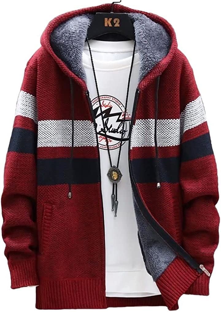 エンプティオ フード付き ニットジャケット メンズ アウター フルジッパー トップス ジップパーカー 長袖 レッド(ワインレッド, XL)