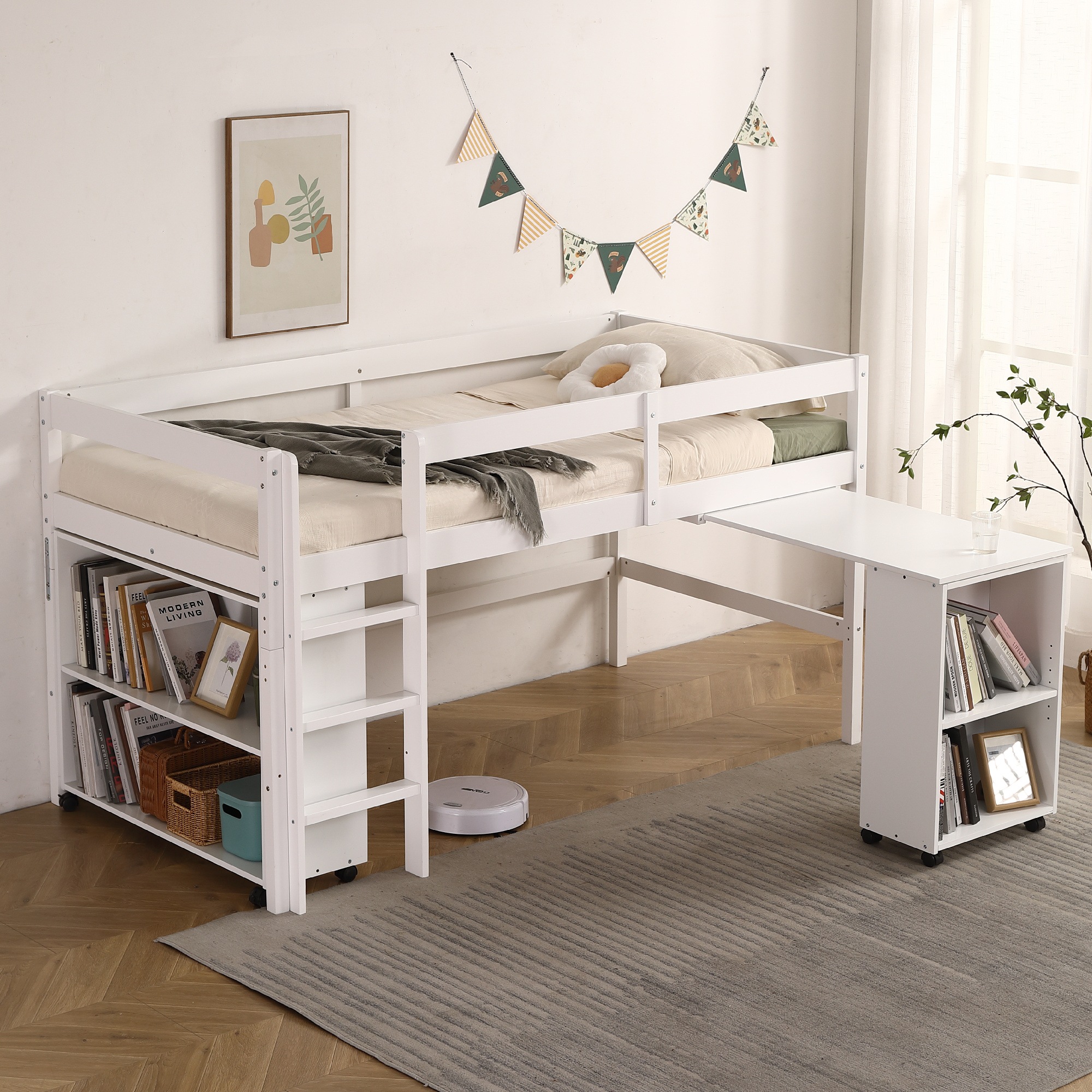 システムベッド ロフトベッド 木製 シングル ベッド ロータイプ ベッド デスク 本棚 机付き 学習机 コンパクト 本棚付き 木製ベッド 天然木 収納 子供 大人 一人暮らし コンパクト ミドルベッ