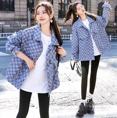 ジャケット レギュラー丈 長袖 レギュラー袖 襟付き ポロカラー ポケット 綿 カラーデニム カジュアル お洒落 ラフ メンズライク ルーズ 個性的 抜け感 柄 チェック柄 格子柄 春 秋 誕生日