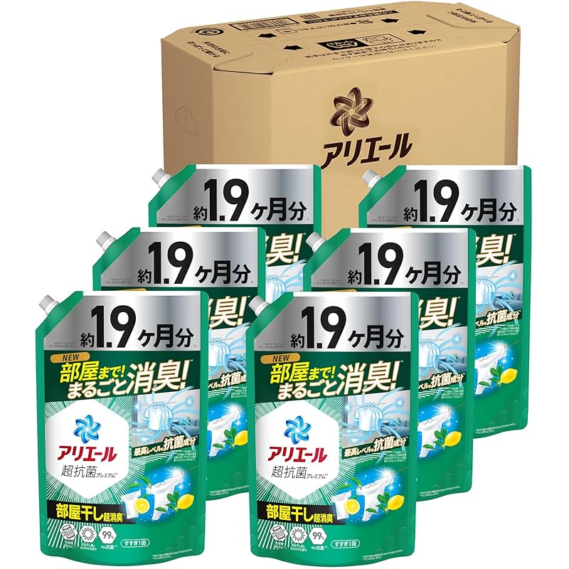 アリエール 洗濯洗剤 液体 超抗菌プレミアム 部屋干し超消臭 天日干し級にさわやかな香り 詰め替え 1400g×6袋 [ケース品]