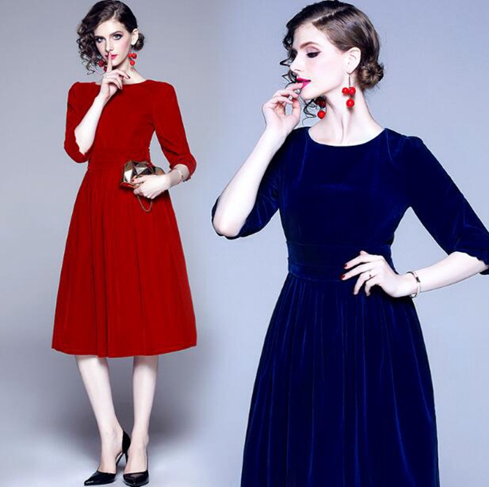 送料無料 パーティードレス 結婚式 ワンピース　膝丈 ミモレ丈 秋冬 ベロアワンピース 結婚式 卒業式 入学式 二次会 披露宴 謝恩会 お呼ばれ 袖あり 大きいサイズ ワンピース ドレス　フォーマル