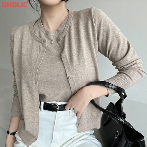 ソフトボタンラウンドネックスリム半袖長袖ニットカーディガンアンサンブル・1938357