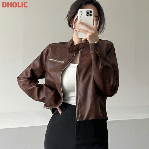 レザー調フェイクボタン長袖ジップアップジャケット・1936989