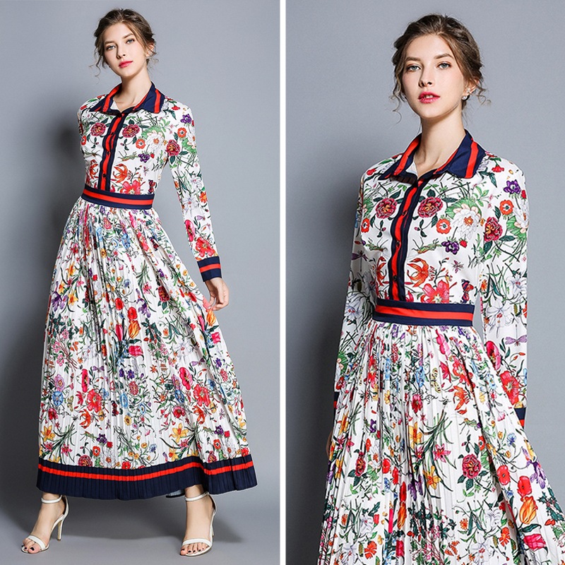 花柄プリーツワンピース レディース ロングワンピース 長袖 ポロカラー Aライン ハイウエスト きれいめ 上品 エレガント 春 秋 謝恩会 発表会 お出かけ パーティー イベント M L XL 2XL