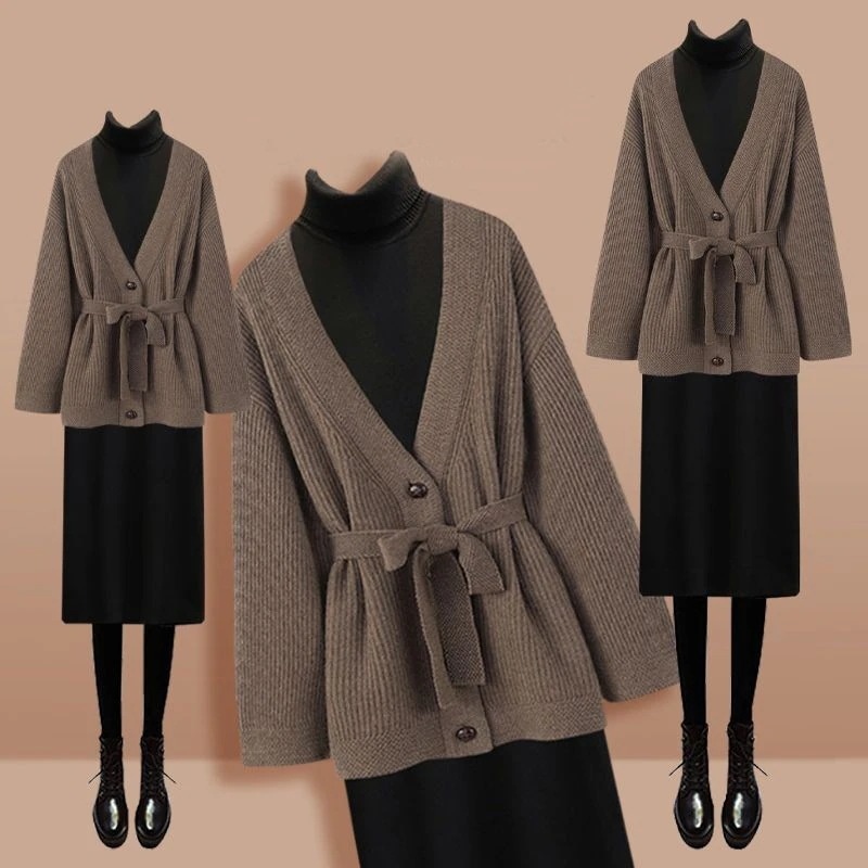 【冬日新製品の入荷】 今年らしいコーデ ファッション Vネック ベルト付き カーディガン+無地 長袖 ワンピース 2点セット レディース