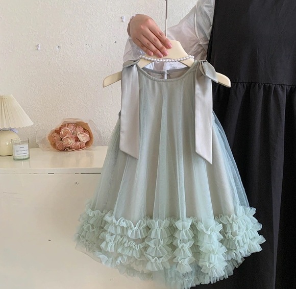 プリンセスドレス キッズ ミディードレス 2026 新作 無袖 肩ボーダー メッシュ