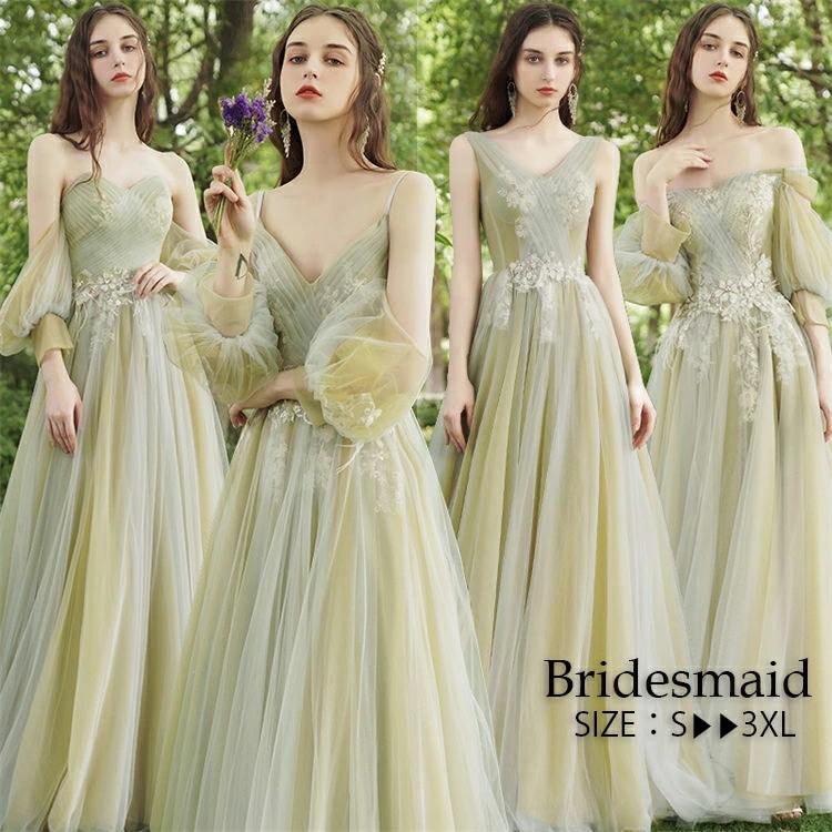 ブライズメイドドレス お揃い ドレス パーティードレス ブライダル レディース ウエディングドレス 結婚式 二次会 ロングワンピース マキシ 発表会 演奏会 コーラス 袖あり Aライン Vネック チュ