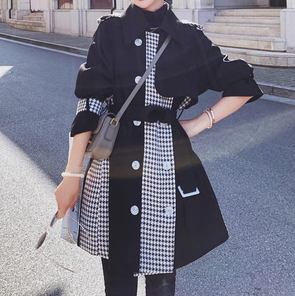 レディース コート アウター ミディアム トレンチ 長袖 Vネック 襟付き フェミニン ベルト ウエストマーク ハイウエスト 前開き 切り替えデザイン バイカラー ドッキング かわいい 大人可愛い