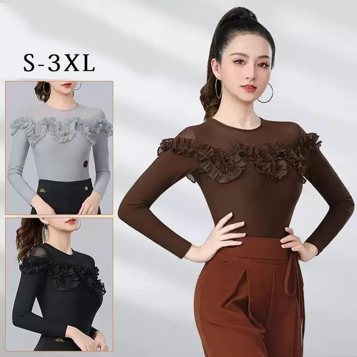 社交ダンス トップス レオタード 股下ホック 長袖 透け感 フリル 胸パッド付き ラテン モダン タンゴ サンバ ブラック ブラック ブラウン グレー S-3XL