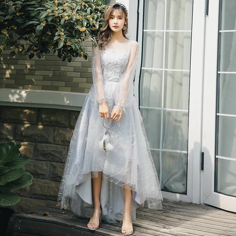 2点購入で200円割引期間限定オファー カラードレス 前短後長 フィッシュテールドレス グレー 長袖 パーティードレス フォーマルドレス 結婚式 二次会 披露宴 花嫁 演奏会 発表会 イブニングドレス