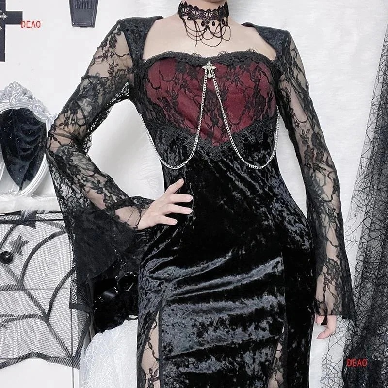 ハロウィンコスプレヴァンパイアレッドレースセクシーフィッシュテールドレスドレス女性ゴシックロングドレススカート和服コスチュームコスチューム
