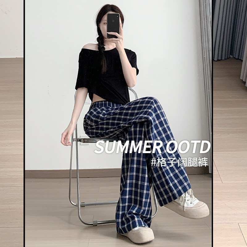 日本と韓国のチェック柄パンツ 夏 薄手 レディース ハイウエスト ドレープ ストレート ウォーキング ゆったり コットン リネン アイスシルク ワイドレッグパンツ