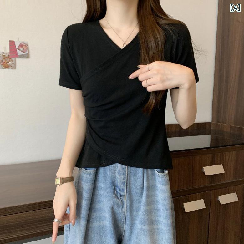 レディース トップス おしゃれ エレガント 通勤 オフィス カジュアル レディース トップス 大きめサイズ 恋人 ネック Tシャツ 半袖 夏 右 肩 ショート シャツ スリム 不規則 Vネック クロス