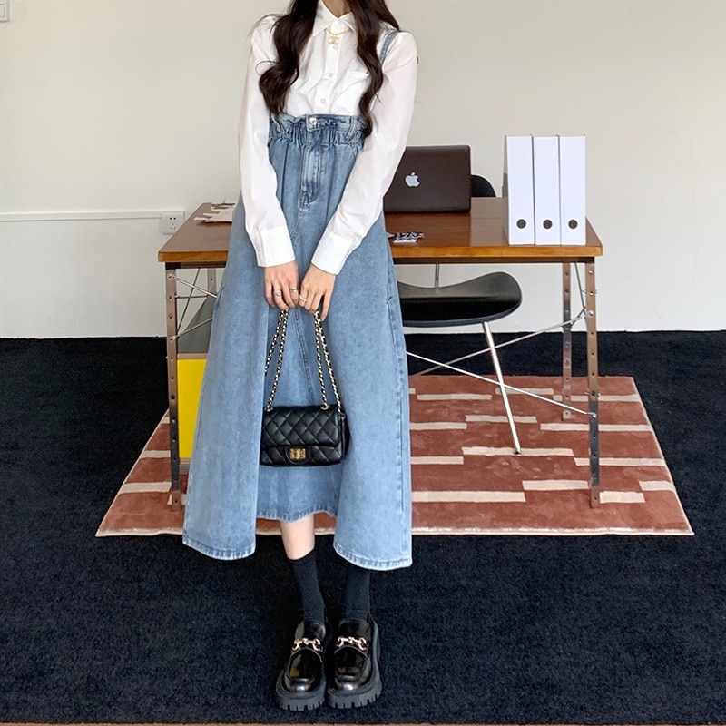 スカート レディース デニムスカート ジャンパースカート S M L 韓国 ミディアム丈 Aライン ハイウエスト サスペンダー ノースリーブ ウエストゴム デニム かわいい 大人可愛い カジュアル
