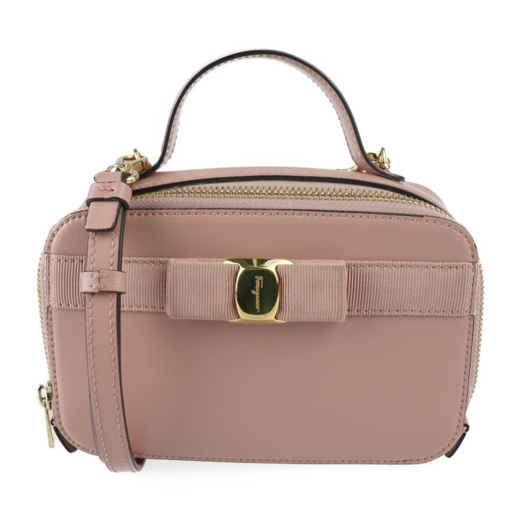 Salvatore Ferragamo サルヴァトーレ フェラガモ ショルダーバッグ 22 E004 ヴァラ カーフレザー ピンクベージュ系 ゴールド金具 2WAY ハンドバッグ ポシェット リボン