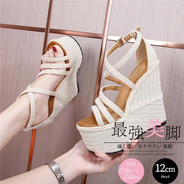 痛くない 歩きやすい 美脚 疲れにくい ウエッジソール サンダル レディース 厚底 幅広 靴 厚底サンダル アンクルストラップ ハイヒール 大きい25.0 小さいサイズ21.0 ベージュ di800c