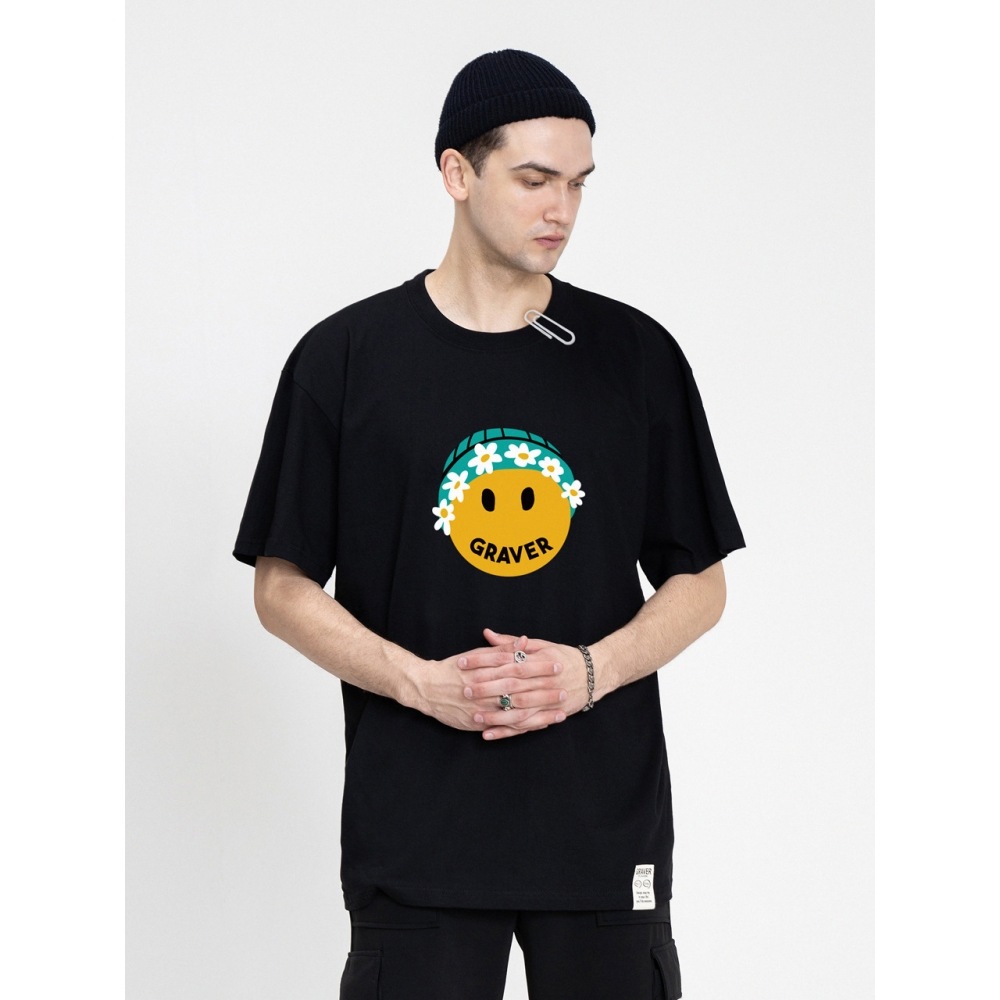 グレイバービッグフラワーグリーンビーニースマイル半袖Tシャツ 5COLOR