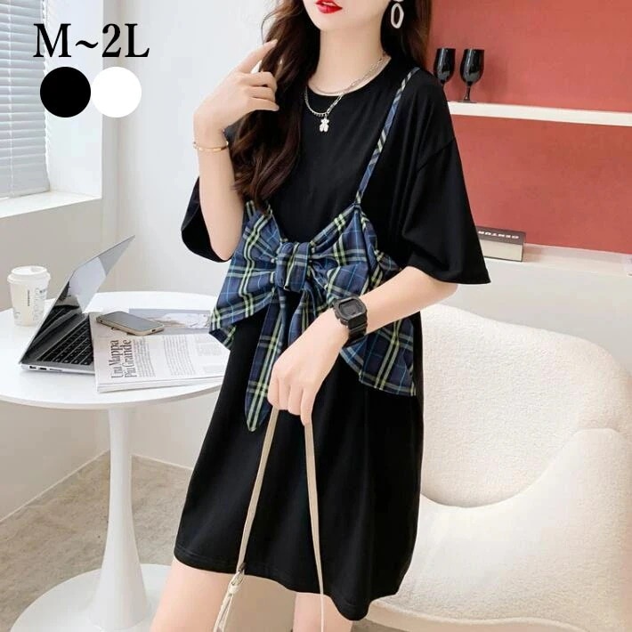 【20点セット】【送料無料】ワンピース 　Tシャツ　リボン　レディース　半袖　夏　Aライン　チェック　ワンピ　ロングワンピース　ミディアム　膝丈　大きいサイズ かわいい きれいめ　M　L　2L