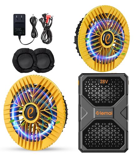 [ELEMAI] フアン付き作業服対応 大容量30000MAH 業界超高電圧出力28V ファンバッテリー セット 猛暑対策 ファン防塵カバー付き(ゴールド*黒羽根)