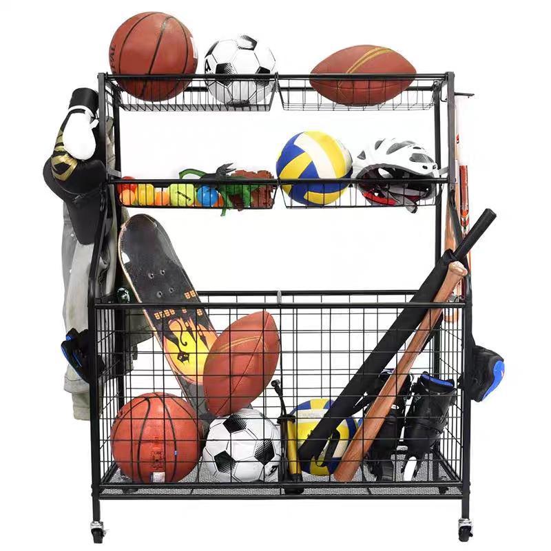 ボールスタンド 収納ラック バスケット付き スポーツボール整理 ギアラック バスケットボール/サッカー対応 省スペース 玄関/部室用