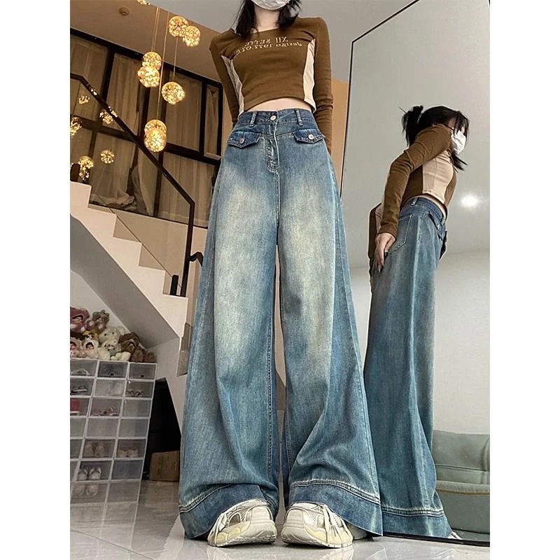 デニムパンツ ヴィンテージストレートジーンズ レディース 大きいサイズ ハイウエスト ゆったり ワイドパンツデニム・ジーンズ