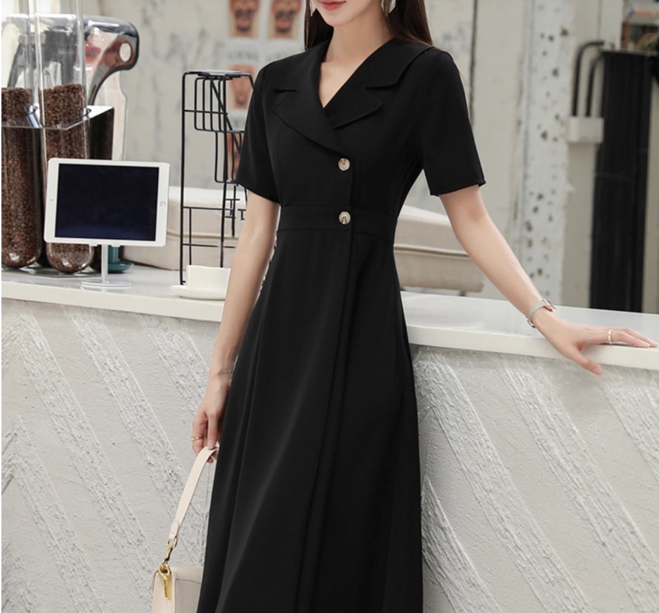 ワンピース スーツドレス 膝下 ミモレ 半袖 Vネック 襟付き セミフレア スリム 細身 Aライン ラップ風 プリーツ ウエストマーク 大人可愛い きれいめ シンプル 上品 クール エレガント