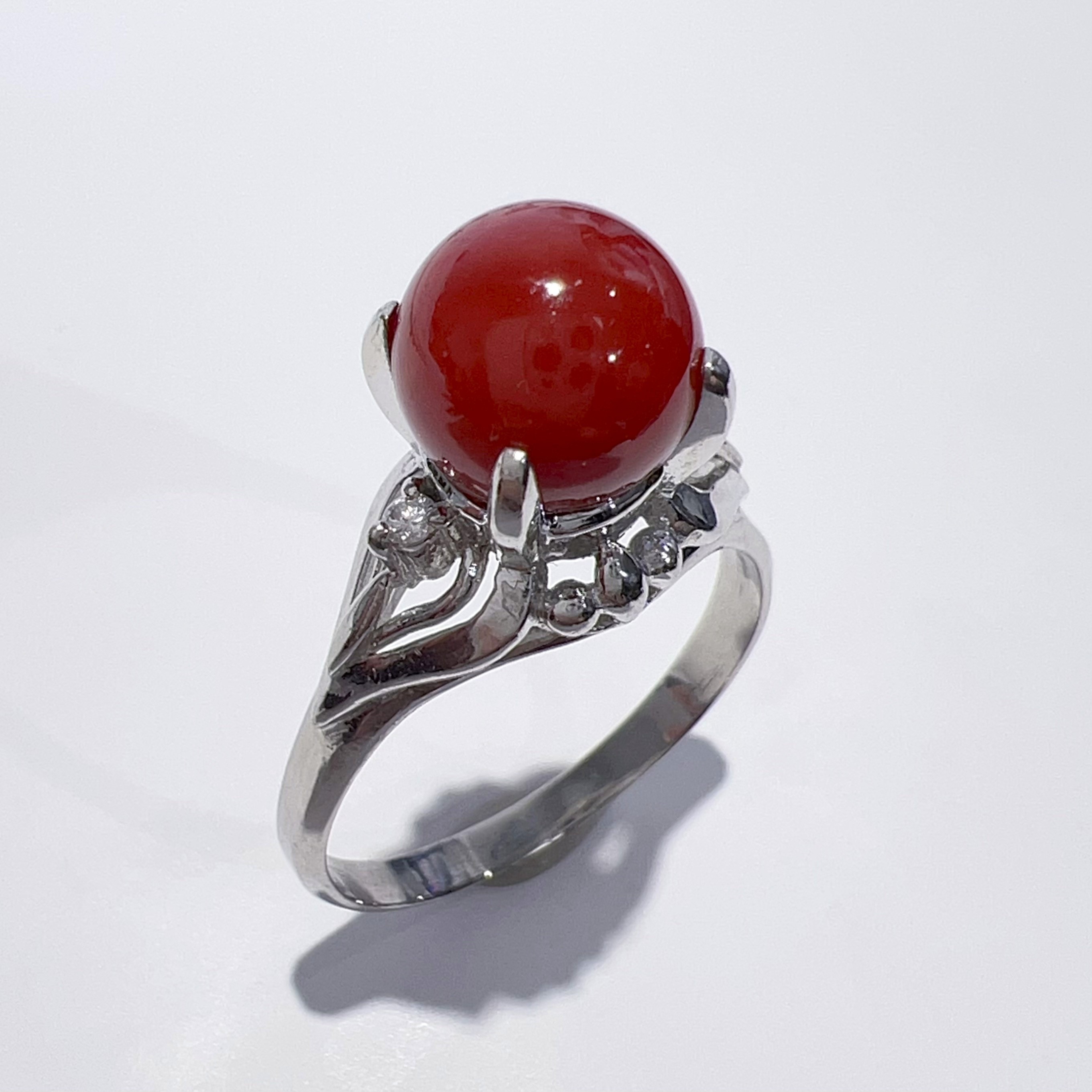 Pt900 天然 珊瑚 サンゴ ダイヤ リング レッド 血赤 15号 8.1mm 5.4g 鑑別書 レディース アクセサリー ジュエリー 指輪 美品 aua40201071117