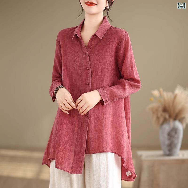 レディース　　シャツ　トップス 綿 リネンの 長袖 シャツ 春秋 スタイル 高級 ミドル 丈 で カジュアル レディースシャツ トップス