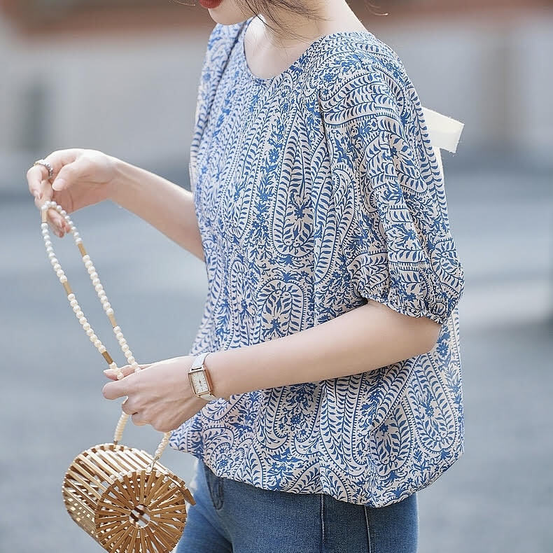 レディース トップス カットソー 半袖 ランタンスリーブ ラウンドネック プリント バックリボン プルオーバー ルーズ きれいめ 上品 おしゃれ お洒落 大人可愛い かっこいい 大人女子 カジュアル