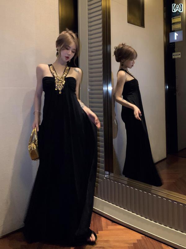 レディース トップス ホルターネック レディース トップス ホルターネック フランスの の ブラック ラインストーン ホルターネック サスペンダー ドレス 女性 春秋冬 ハイエンド 優雅 誕生日 イブ