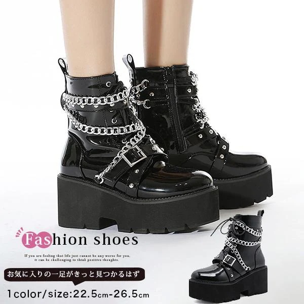 厚底ブーツ レディース ショートブーツ ローヒール 短靴 ハイヒール 太ヒール美脚 レースアップ 痛くない 疲れにくい エナメル