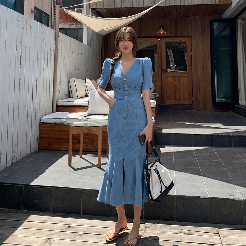 Vネックデニムワンピース Aライン ワンピース マーメイド フィッシュテールスカート ミドル丈 薄手 デニムワンピース ハイウエスト a2694