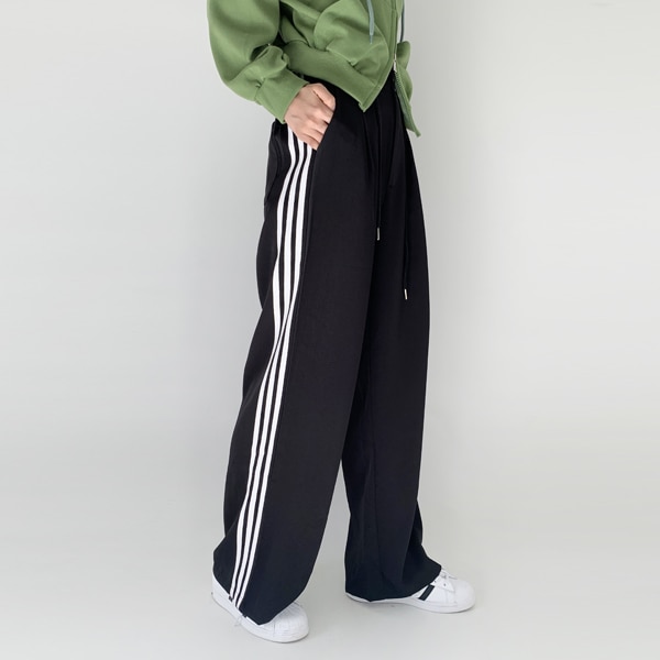 韓国ファッション 裏バンディング ピンタック ストリング 配色 トラック ワイドパンツ