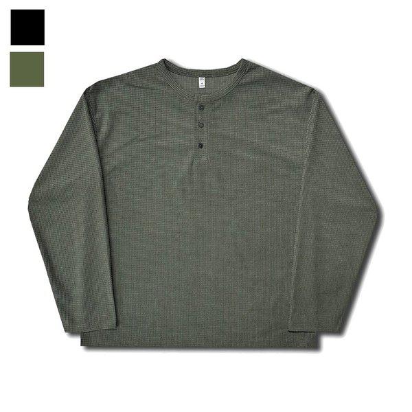 メンズ スエード ワッフル ヘンリーネック 長袖 Tシャツ OF-TSA-Q017-カーキ