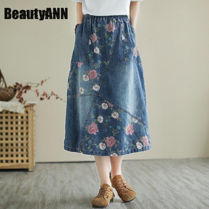 新生活 スカート レディース 大きいサイズ デニムスカート 森ガール ロングスカート マキシ丈 花柄 プレゼント ギフト