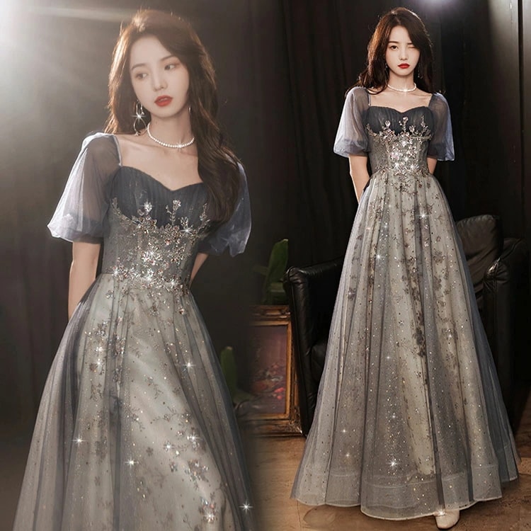 高品質 イブニングドレス スパンコール キラキラドレス キレイめ 発表会ドレス パフスリーブ ロングドレス ネイビー パーティードレス 結婚式ドレス 二次会ドレス ロング Aライン XS S M L