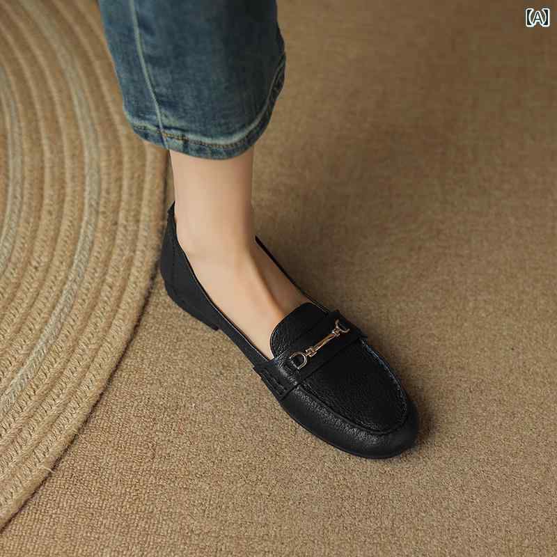 ローファー レディース オフィス 英国風 シープスキン フラット ラウンドトゥ ソフトレザー 深め 履き 口 ワン タッチ メタル バックル 通勤 快適 革靴