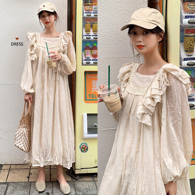 フリルワンピース ルーズ ワンピース ドレス パフスリーブ オーバーサイズ スクエアネック ロング