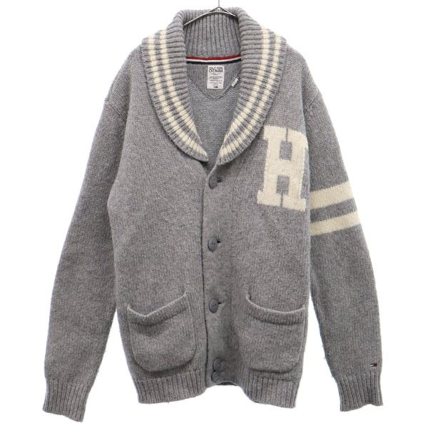 ウールブレンド 長袖 ショールカラー ニットカーディガン L グレー×ホワイト メンズ